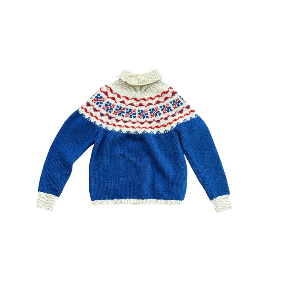 Vintage fair isle Nordic hand knit Kid's Blue White red Sweater Size l - Picture 3 of 7